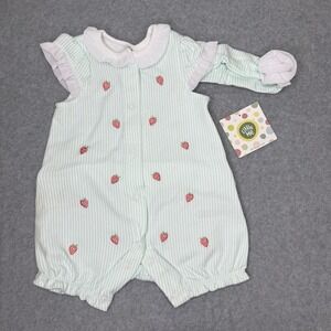 New Little One Aqua Stripe Strawberry Romper One Piece Outfit Snap Up 6 Months